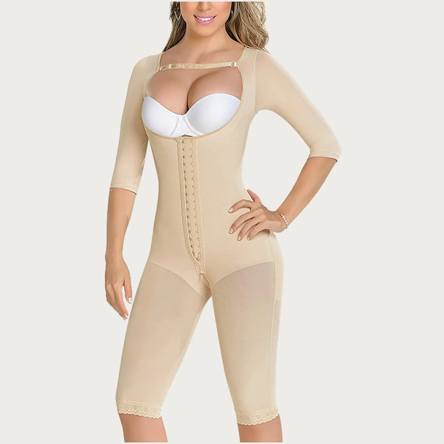 

Knee Length Shaping Bodysuit Sleeves High-Back Recovery Compression Garment Shapewear With Straps For Women