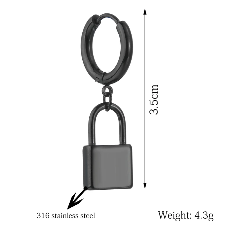 

1 PCS Fashion 316 Stainless Steel Lock Earrings Padlock Pendant Black Dangle Loop Drop Earrings for Men Women Gifts Punk Jewelry
