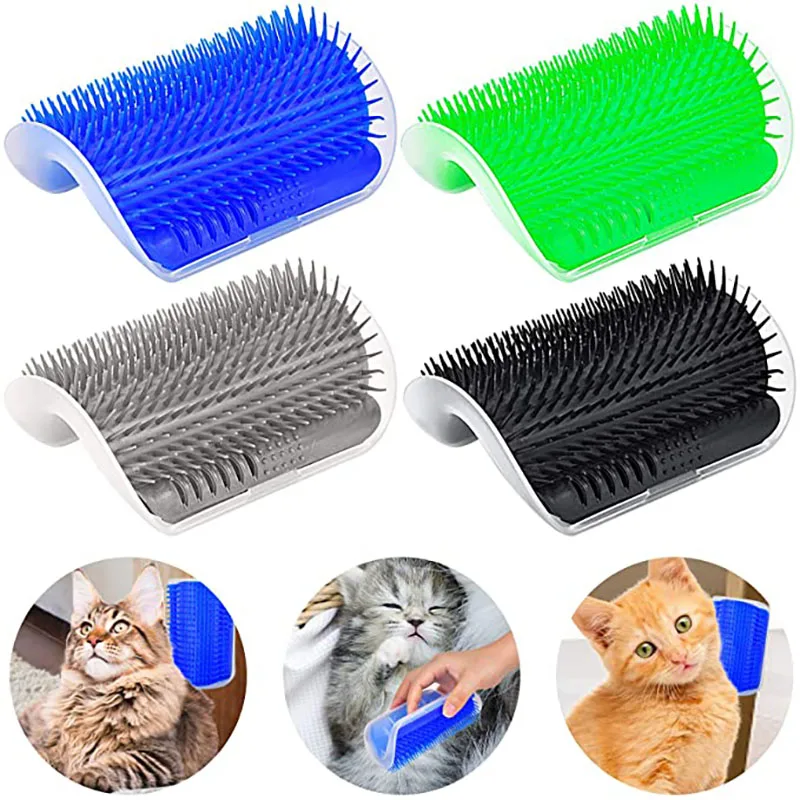 Cat Corner Brush Comb Arch Plastic Scratcher Bristles Massager Self Grooming with Catnip Pouch for Cat Face Massage Wall Toy