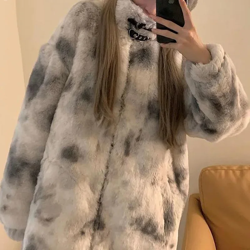 

Уличная куртка из искусственного меха с галстуком-краской 2021 зимнее толстое хлопковое теплое пальто с подкладкой из плюша корейский стиль Harajuku модная женская одежда куртки
