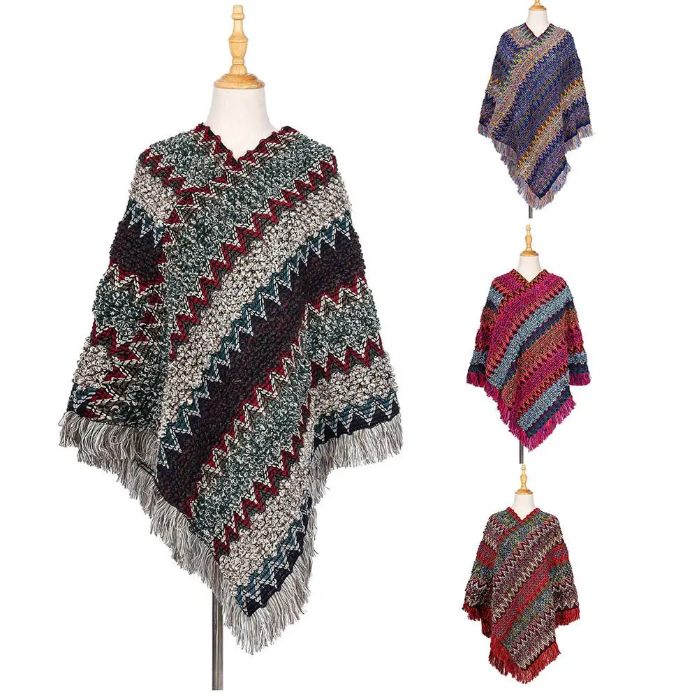 Зимний женский модный волнистый полосатый вязаный шарф пончо свитер с