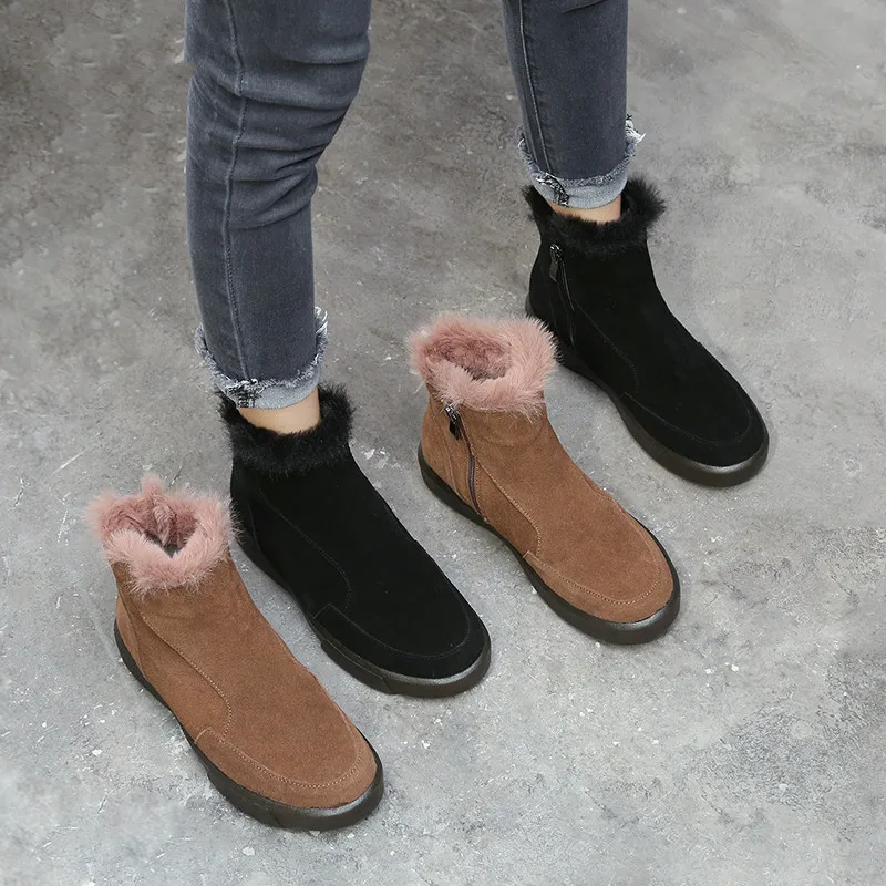 

AARDIMI Women's Cow Leather Winter Plush Boots for Women Soft Bottom Ankle Boots Shoes Woman Flat With Handmade Shoes Large Size