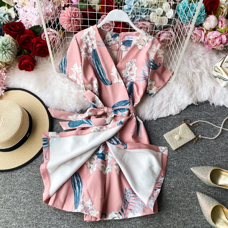 

2021 floral print bodysuit femme v-neck jumpsuits short sleeve wide leg sexy woman rompers for women hot playsuit