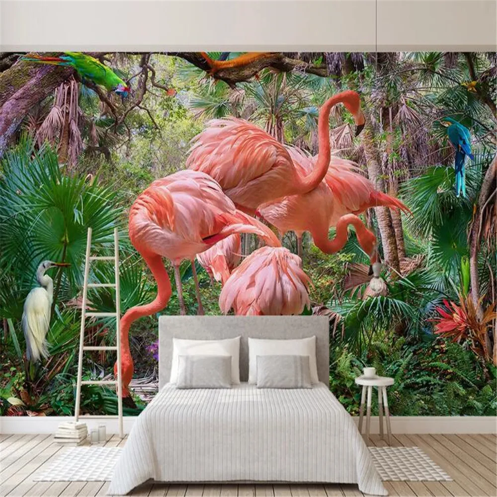 

Milofi wall custom modern minimalist hand-painted tropical plants flamingo bedroom living room TV background wall paper mural