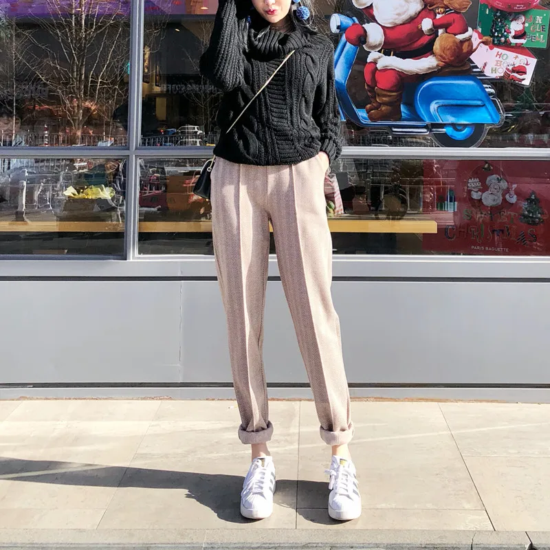 Осень Зима Новая женская одежда брюки корейский эластичный пояс полосатый хаки