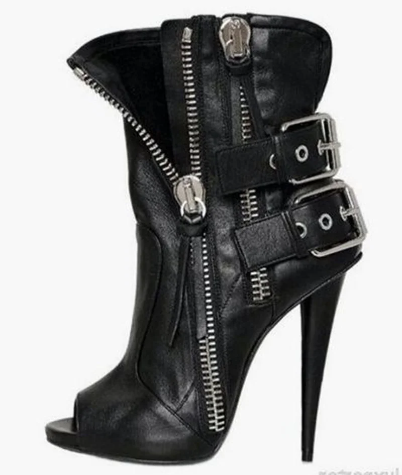 

Punk Style Double Zipper Ankle Boots Woman Peep Toe Cone Heel Gladiator Sandals Boots Cut-out Buckle Short Bootie Black Leather