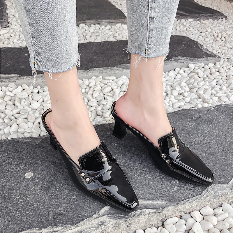 Тапочки с квадратным носом на высоком каблуке Женские элегантные туфли без