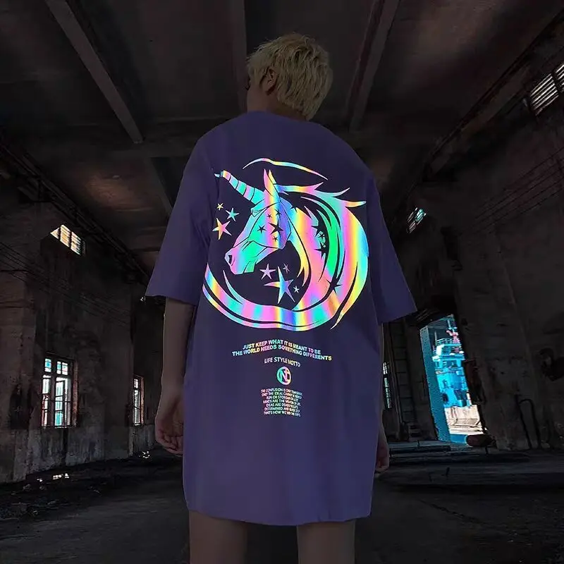 

Oversize street casual short-sleeved T-shirt reflective printing trend couple summer hip-hop loose five-point sleeve male tshirt