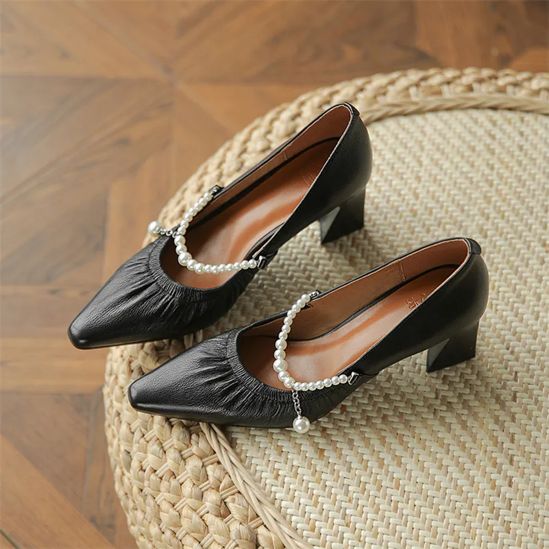 

Meotina Natural Genuine Leather Thick Heels Pumps Women Pointed Toe Fashion Shoes Pleated Pearl High Heel Footwear Female White