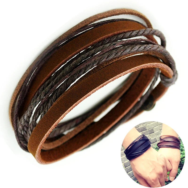 Браслет из натуральной кожи для женщин и мужчин унисекс многослойный кожаный