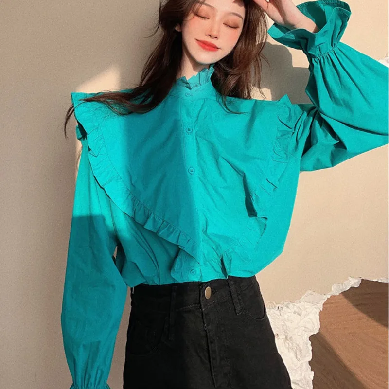

Women Blouse Korean Ruffle Patchwork Shirt 2021 Spring Autumn Flare Sleeve Stand Neck Blusas Femme Elegant Tops Chemise Femme