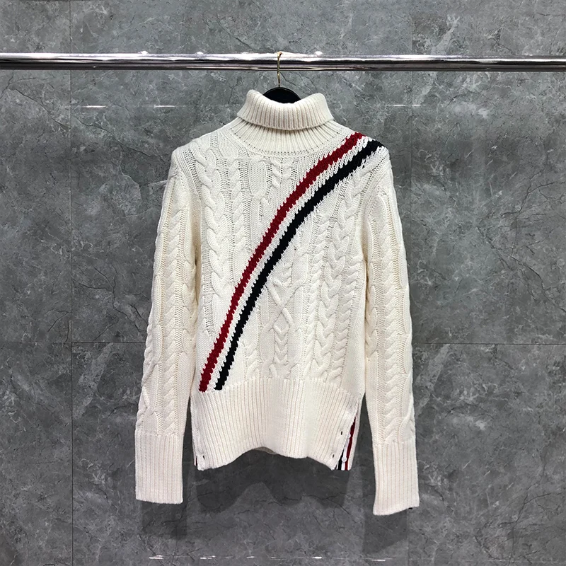 TB THOM Sweater Autunm Winter Sweaters Male Fashin Brand Clothing Merino Wool Diagonal RWB Stripe Turtleneck White TB Sweaters