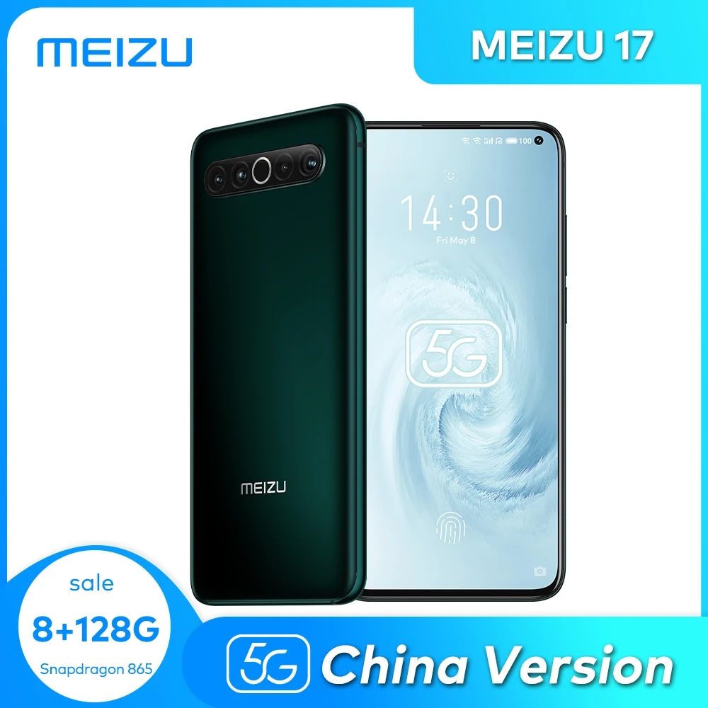 Meizu 17 8GB 128G мобильного телефона 5G Смартфон Snapdragon 865 Octa Core NFC 4500 мА/ч 30W быстрое
