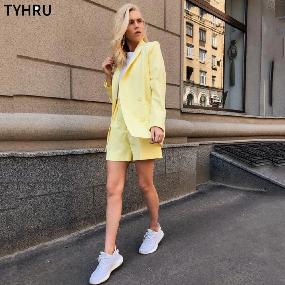 

TYHRU Preorder Women Office Suit Solid Color Double breasted Full Sleeve Blazers+Shorts Two Pieces Set Lady Outfits Work Clothes
