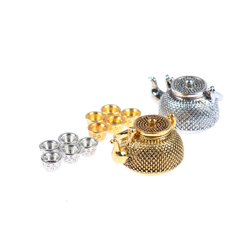 

6pcs/Set 1/12 Dollhouse Furniture Miniature Teapot Cup Plate 1 teapot with lid+ 5Cups Dining Ware Toy Metal Tea Set