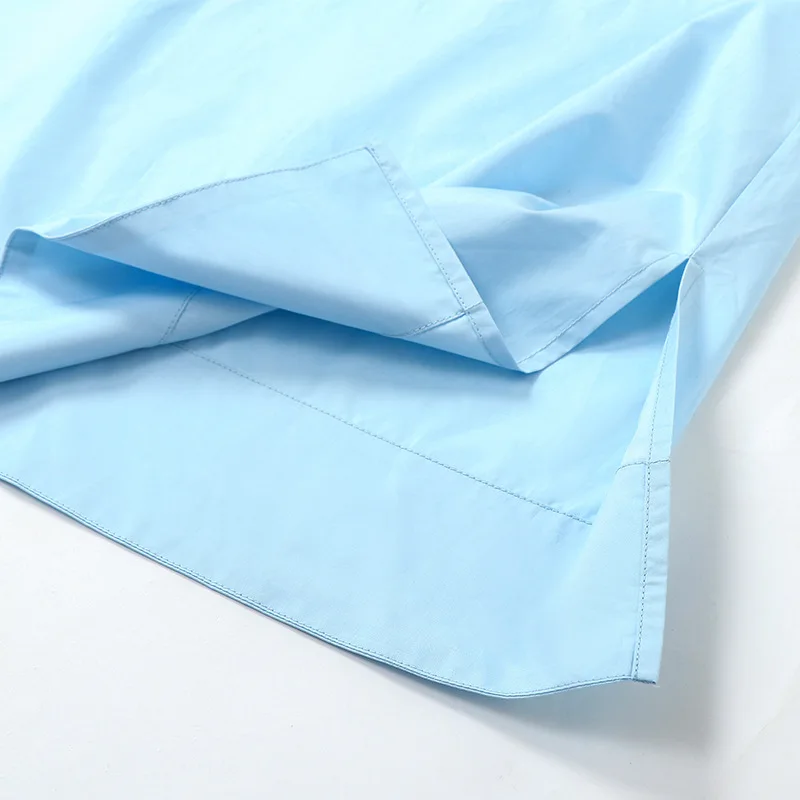 

Designer Women Summer Cotton Loose Straight Dress 2021 Fashion Short Sleeve Light Blue Side Split Midi Dress Women Clothing