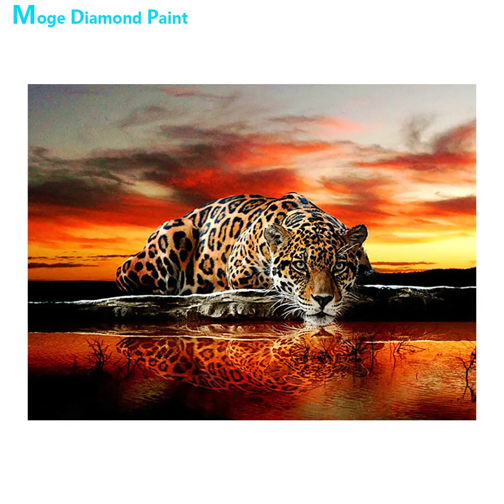 

Leopard Drinking Water in the Evening Sunset Diamond Painting Animal Round Full Drill DIY Mosaic Embroidery 5D Cross Stitch Gift