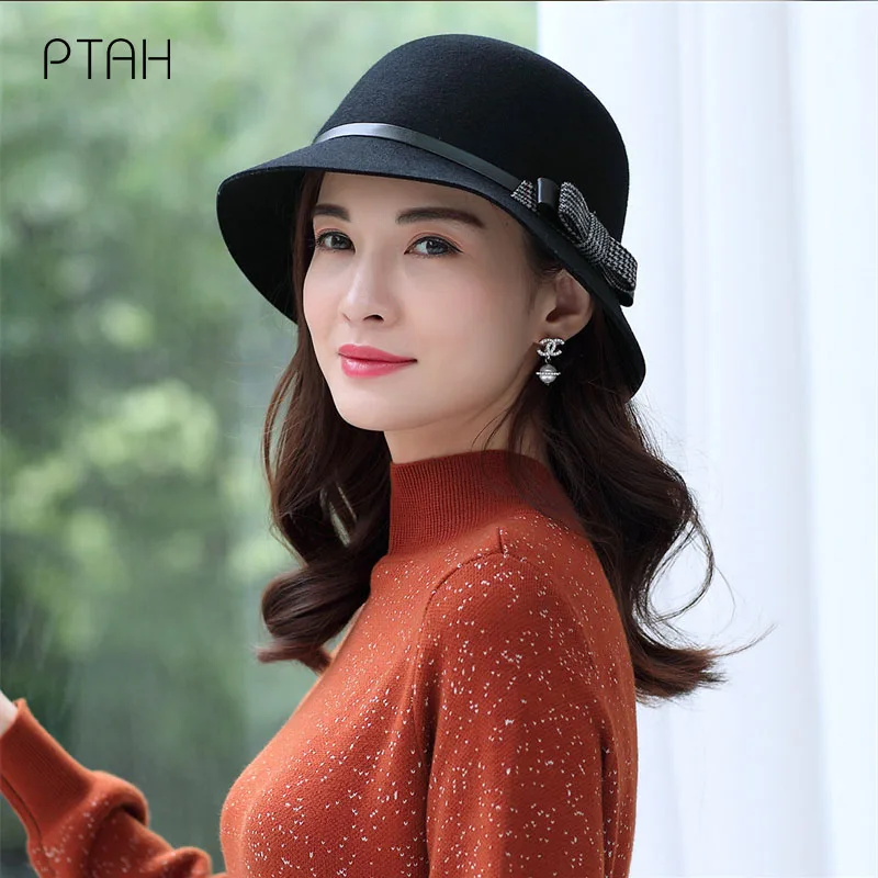 

[PTAH] Fashion Fedoras Hats For Women Temperament Elegant Church Autumn Winter Warmer Hats Caps Ladies 100% Wool High Quality