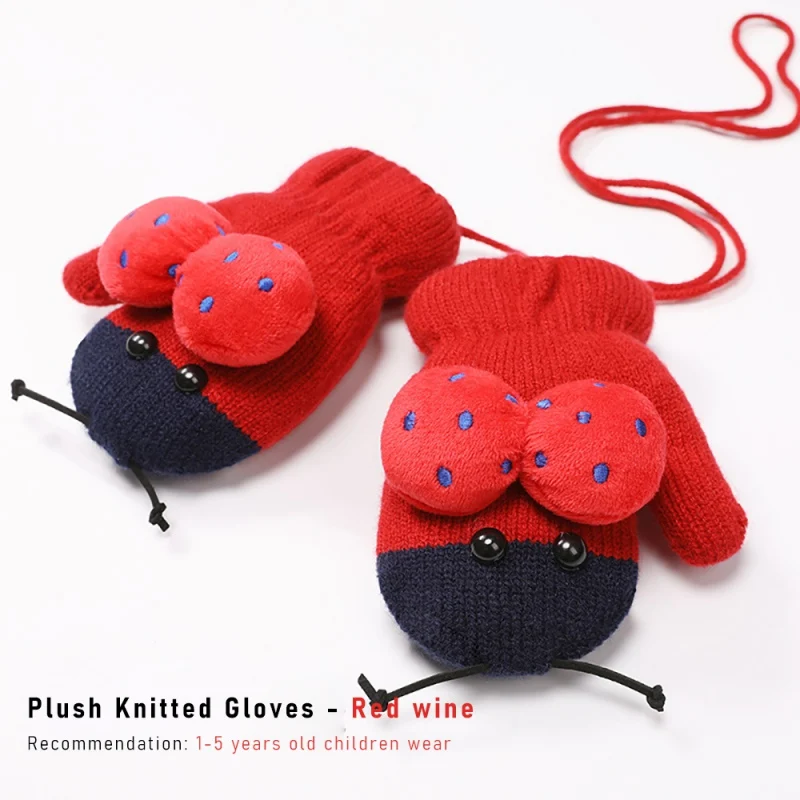 

Winter Children Warm Gloves Full-Finger Knitted Cartoon Cute Ladybug Gloves Outdoor Kids Sports Mittens Plus Velvet Warm Gloves