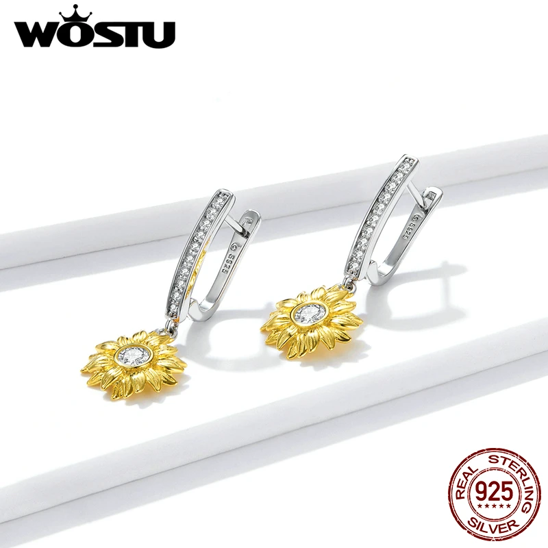 

WOSTU 925 Sterling Silver Stud Earrings Buckles Yellow Sunflower Earring for Women Fine Party Wedding Jewelry Gift FNE469
