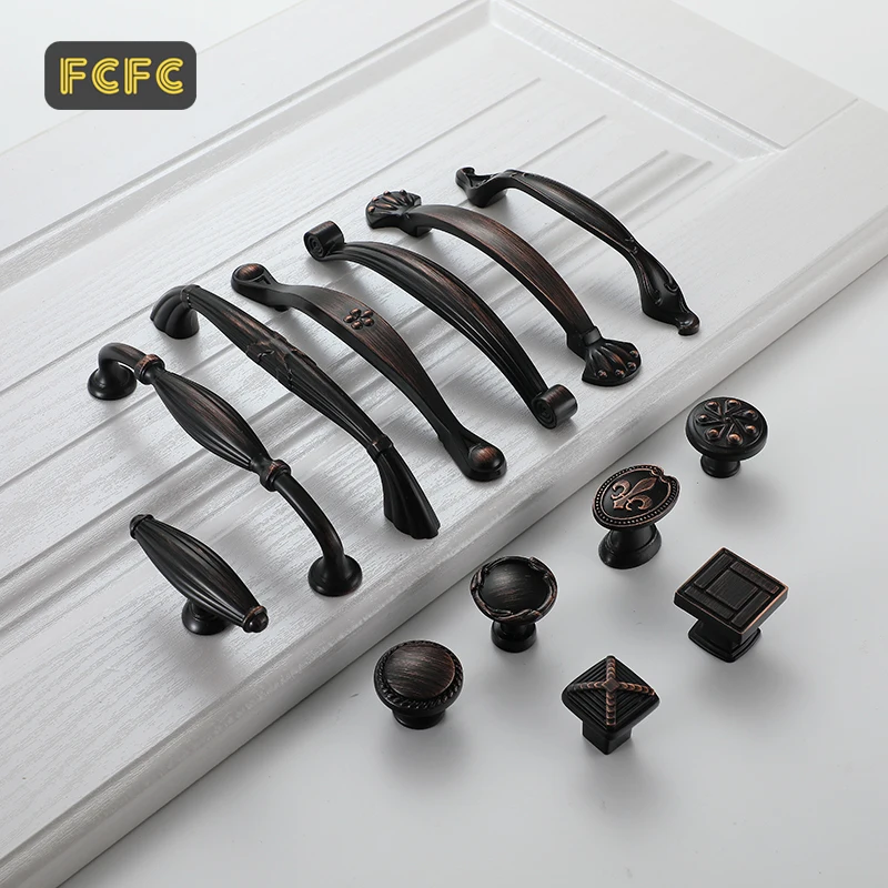 

FCFC American Style Black Bronze Cabinet Handles Solid Kitchen Cupboard Pulls Drawer Knobs Zinc Alloy Furniture Handle Hardware