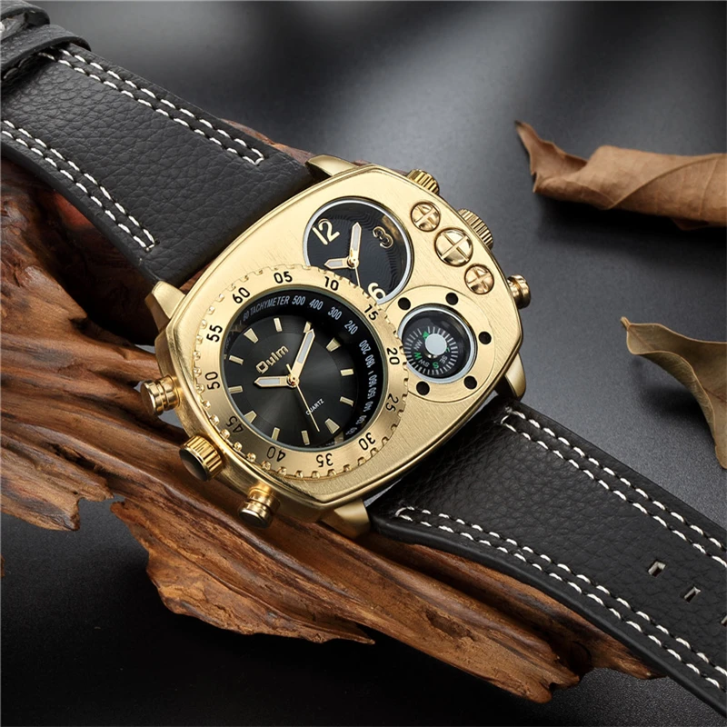 

Oulm 9865 Two Time Zone Antique Watch Casual Leather Strap Wristwatch Male Quartz Clock Unique Men's Watches Dropshipping