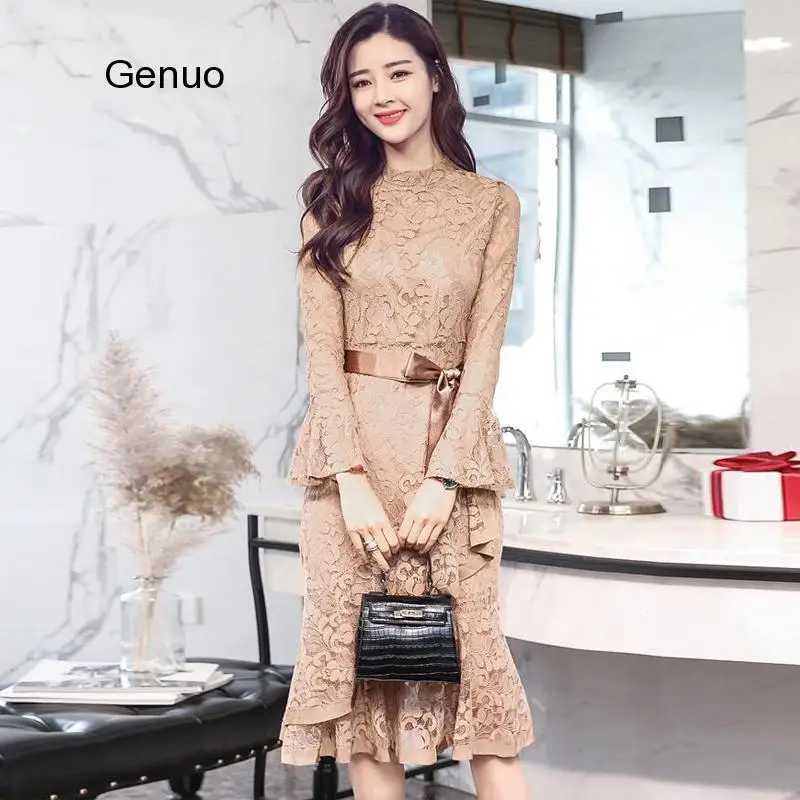 

Women Sexy Lace Dress 2020 Spring Ladies Casual O-neck Mesh Flare Long Sleeve Office Lady Sashes Slim Elegant Dresses Vestidos