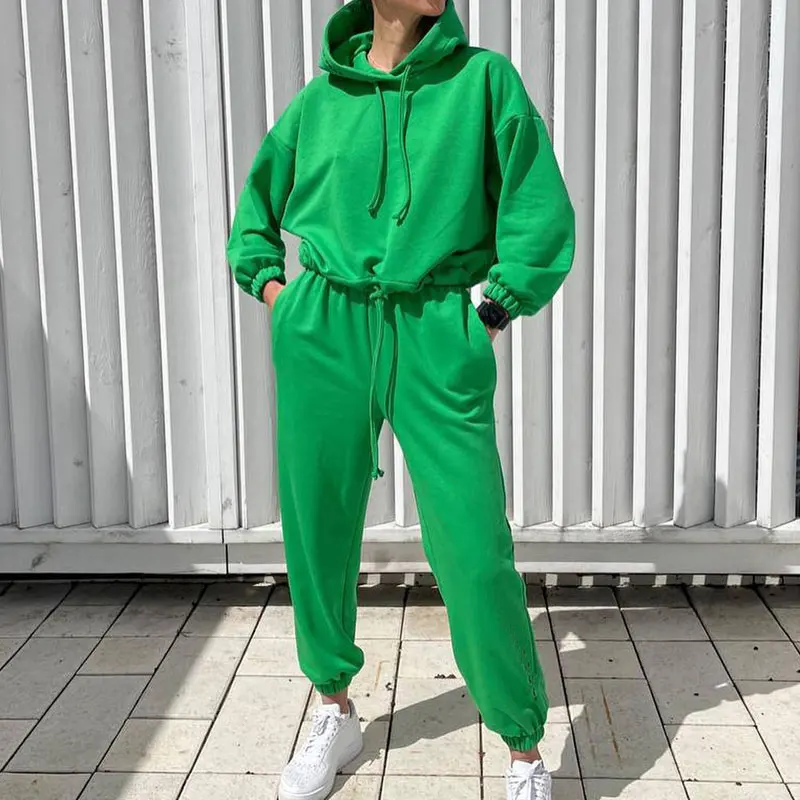 

Повседневные спортивные костюмы, женские свободные однотонные тканевые брюки с капюшоном и длинным рукавом, женская уличная одежда, Модный...