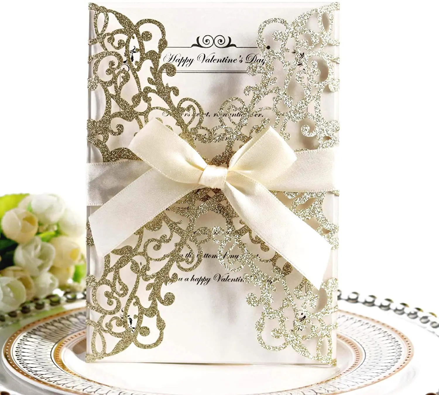 

10 комплектов, Романтические Золотые и синие фотообои с лазерной резкой, свадебные пригласительные открытки с лентой, внутренние бумажные к...