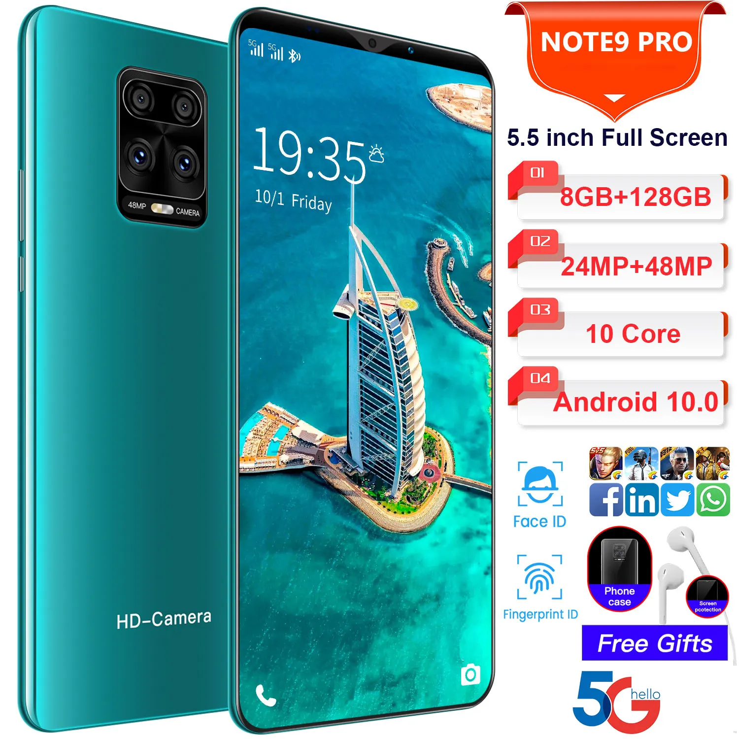 

Смартфон глобальная версия Note 9 Pro-5,5 дюйма, Android 10, 8 + 128 ГБ, 10 ядер, полноэкранный сотовый телефон, 48 МП, разблокировка по лицу