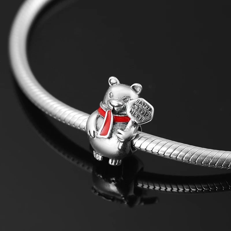 

925 Sterling Silver red enamel naughty bear fine charm Beads Fit Original europeu Charms Bracelet DIY Jewelry making