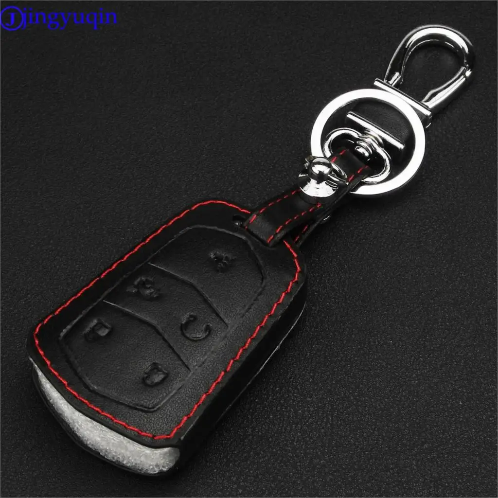 

jingyuqin maizhi 5 Buttons Leather Car Key Case for Cadillac ATS-L CTS Start Stop Engine System Smart Remote Key Chain FOB