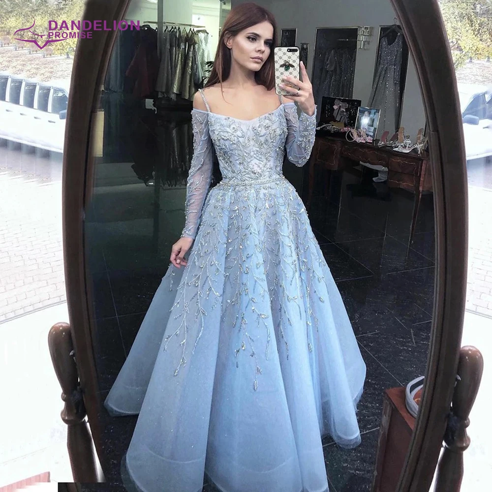 

Luxury A-Line Evening Dress for Women 2021 Long Sleeve Beading Spaghetti Strap Sexy Formal Party Gowns