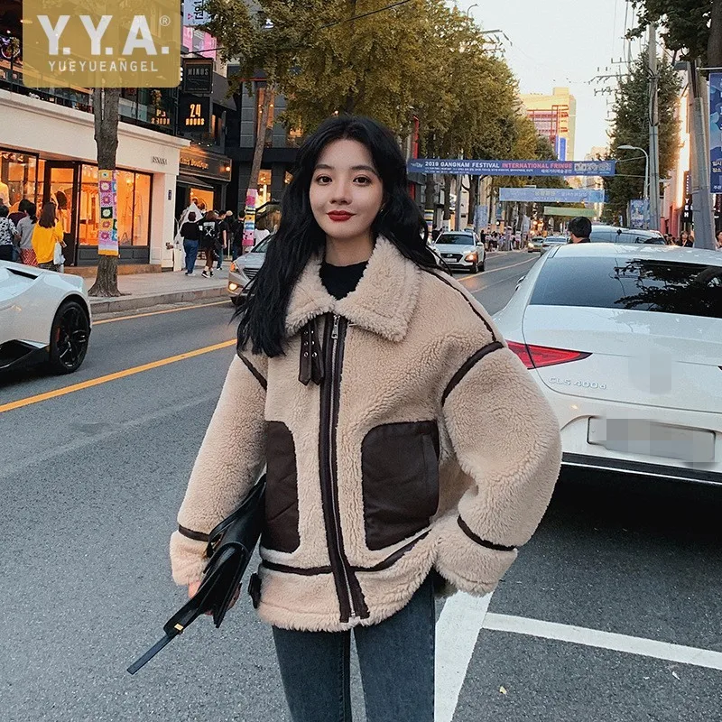 

Winter Fashion Coat Fleece Jacket Women Thick Loose Fit Turn-Down Collar Biker Jackets Streetwear Sweet Casual Female Outerwear