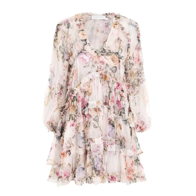 

Australian holiday new product super fairy sweet broken flower edge Lantern Sleeve V-neck dress tourism seaside xw369