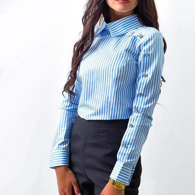

Bigsweety Womens Tops And Blouse New Fashion OL Shirts 2021 New Female Long Sleeve Turn-down Collar Stripes Shirts Button Blusas