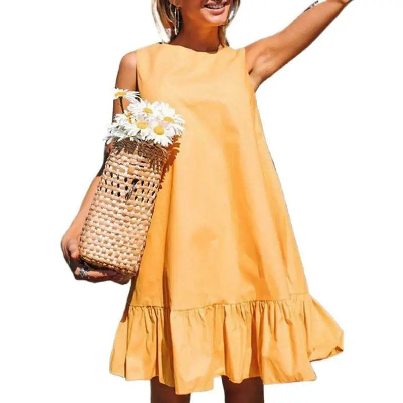 

Women Dress Black Yellow Plain Sleeveless Loose Ruffle Tank Dress Women Summer Beach Sundress Casual Loose Mini Dress Women