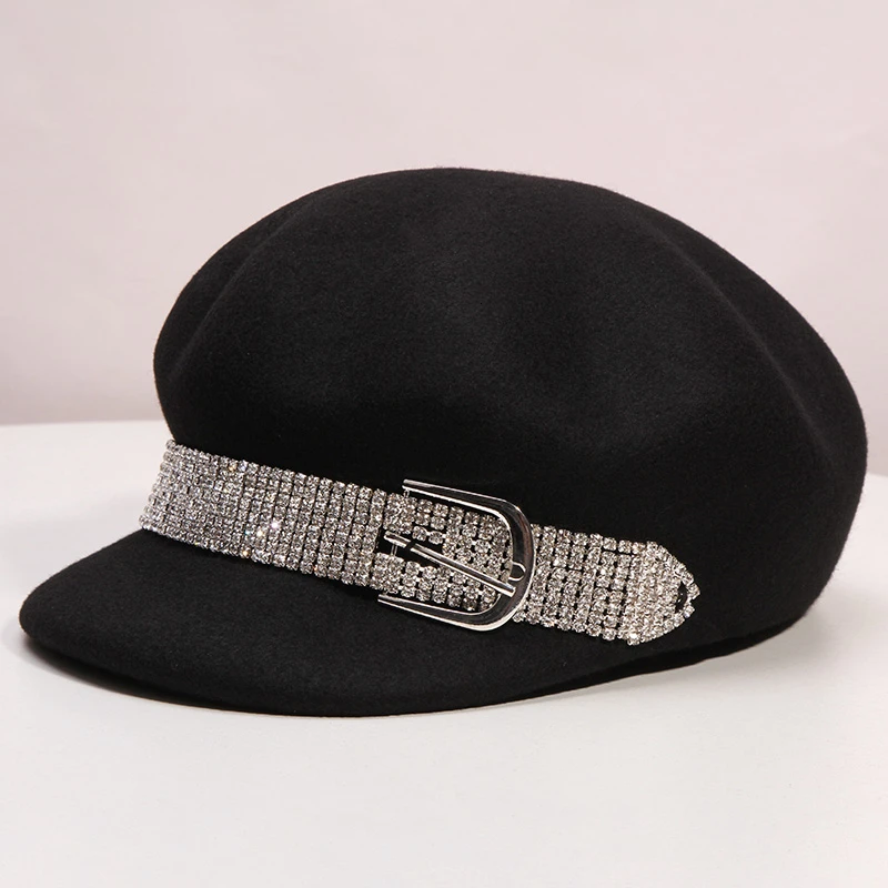 Женский восьмиугольный берет со стразами однотонные вечерние фетровые шапки из