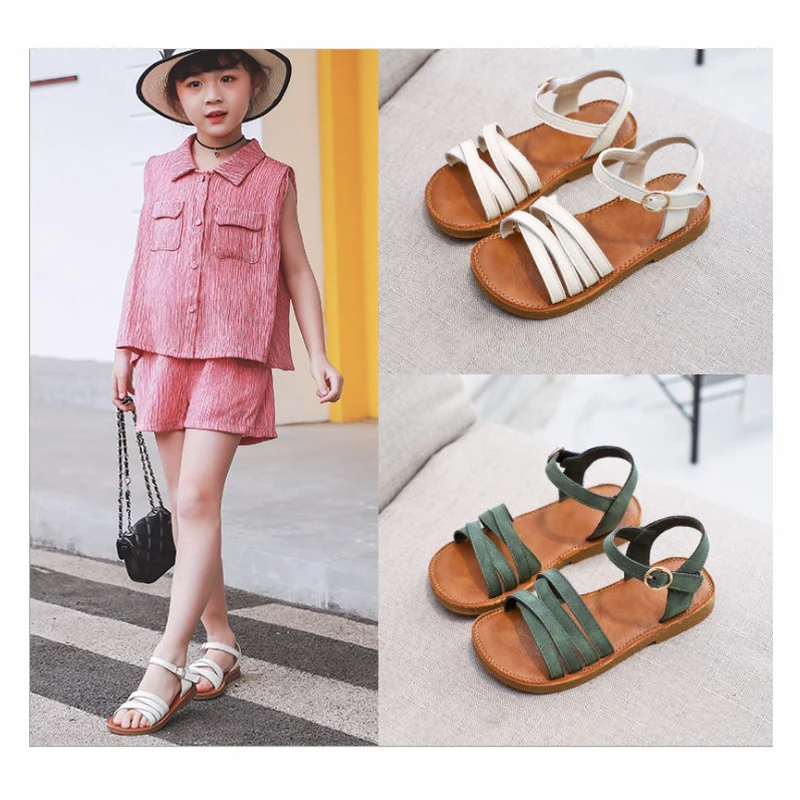 

Genuine leather upper girls sandals children crossover strap sandals kids girls flat sandals size 22-37