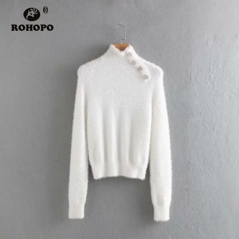ROHOPO высокий воротник искусственный мех сердце пуговицы плечи черный белый