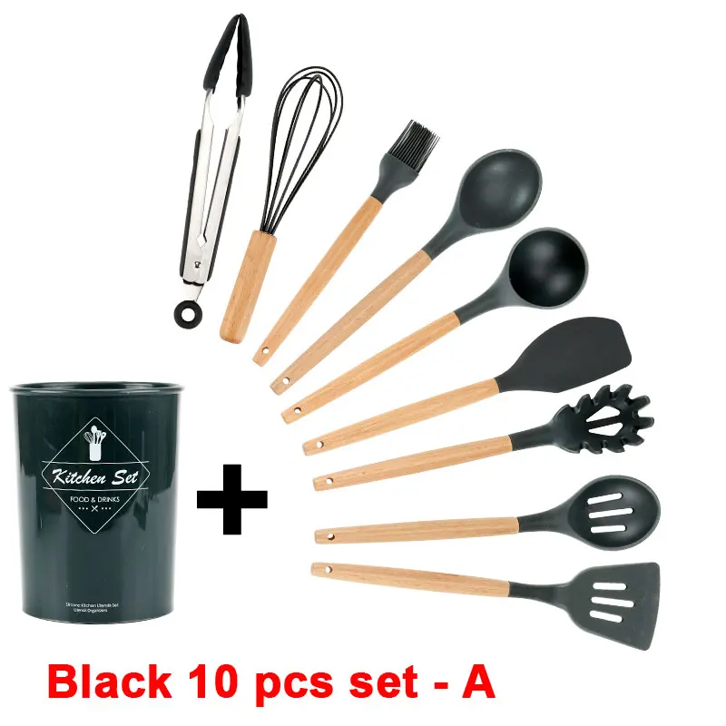 Black 10 pcs set - A Набор кухонных силиконовых кухонных принадлежностей с антипригарным шпателем лопата с деревянной ручкой набор кухонных инструментов с ящиком для хранения кухонные инструменты - Цвет: Black 10 pcs set - A