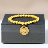 matte gold color queen elizabeth ii coin bracelet stainless steel charm jewelry nature hematite beads bracelet for men women