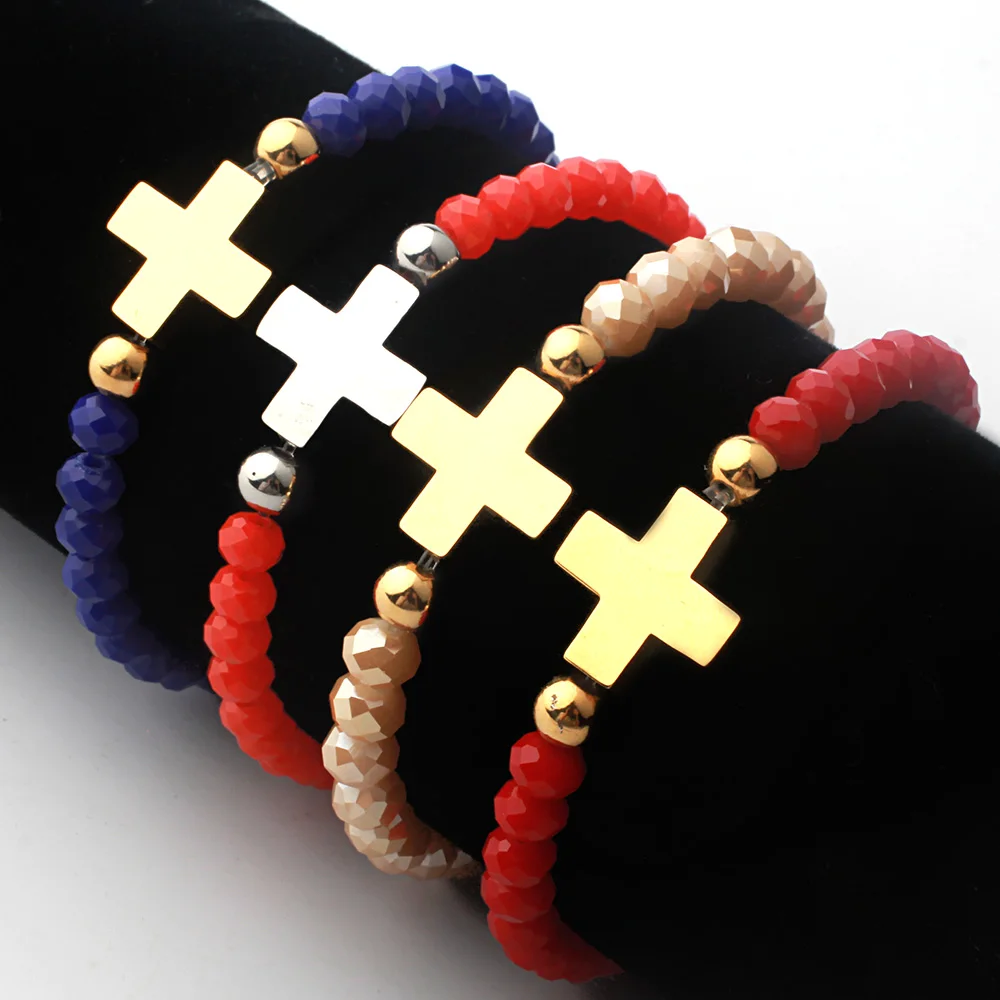 FINE4U B180 Stainless Steel Cross Charm Bracelet Adjustable Beaded Bracelets Crucifix Rosary Jewelry 4 Colors Choices | Украшения и