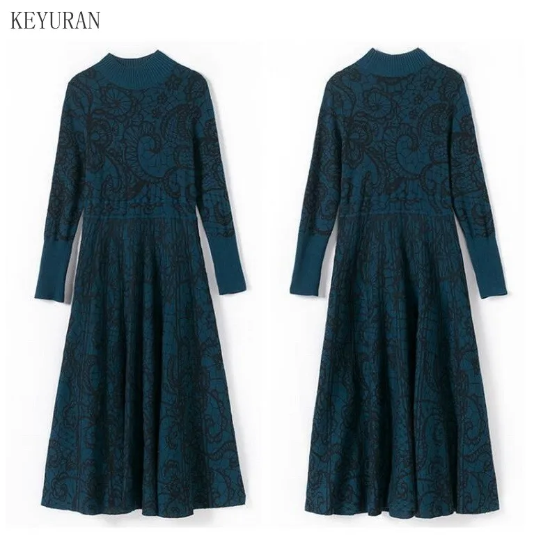 

2021 Autumn Winter Long Sleeve Women Maxi Dress Retro Jacquard Half Turtleneck Party Knit Dress Female Slim Long Dress Vestido