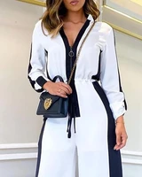 2021 spring and summer womens v neck fashion splicing long sleeve leisure sports waist jumpsuit