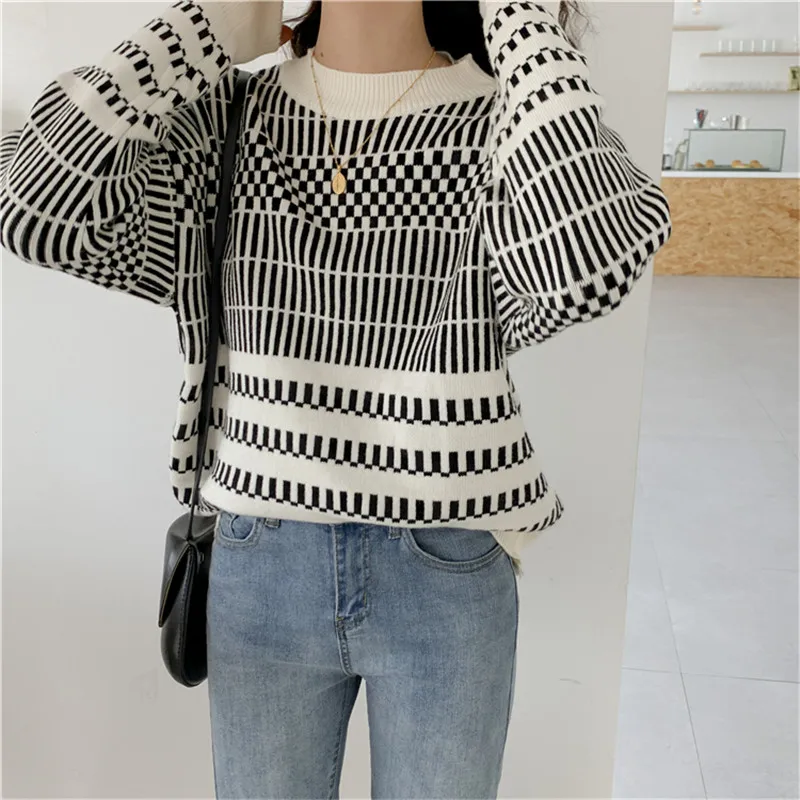 Shop1314 Winter Knitted Sweater Women Vintage Artistic Monochrome Jacquard Female Romantic Geometry Print Loose Pullover | Женская