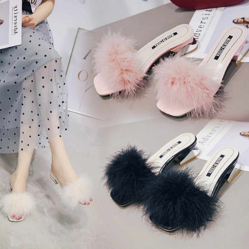 Тапочки из страусиного меха ярких цветов Женские меховые сандалии на толстом