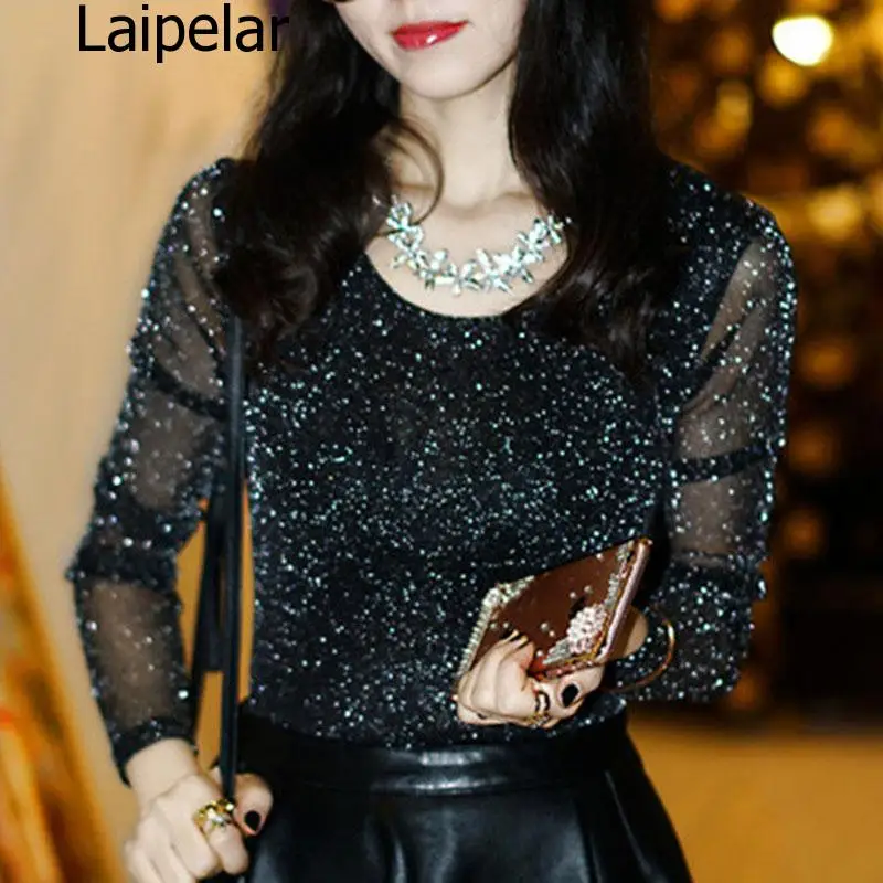 

Spring Summer Women's Sexy See Through Mesh Blouse Long Sleeve Transparent Shining Elegant Shirt Fashion Women Tops