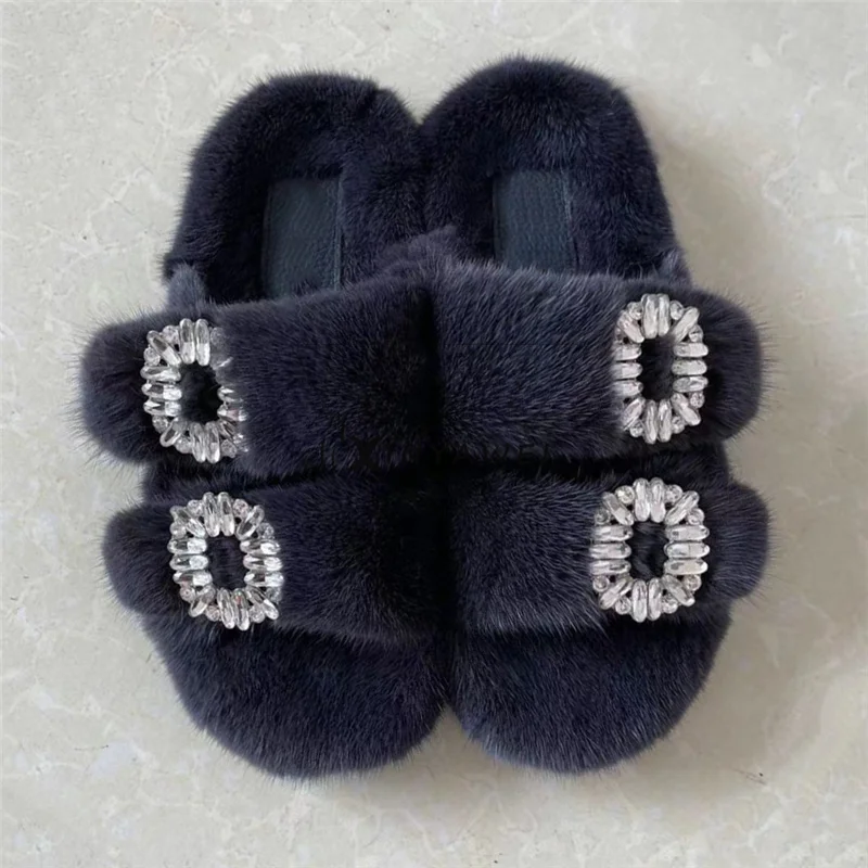 

Women's Luxury Genuine Mink Fur Slippers,Designer Slippers,Double Buckle Sandals Top Quality Winter Shoes Indoor Flip Flops