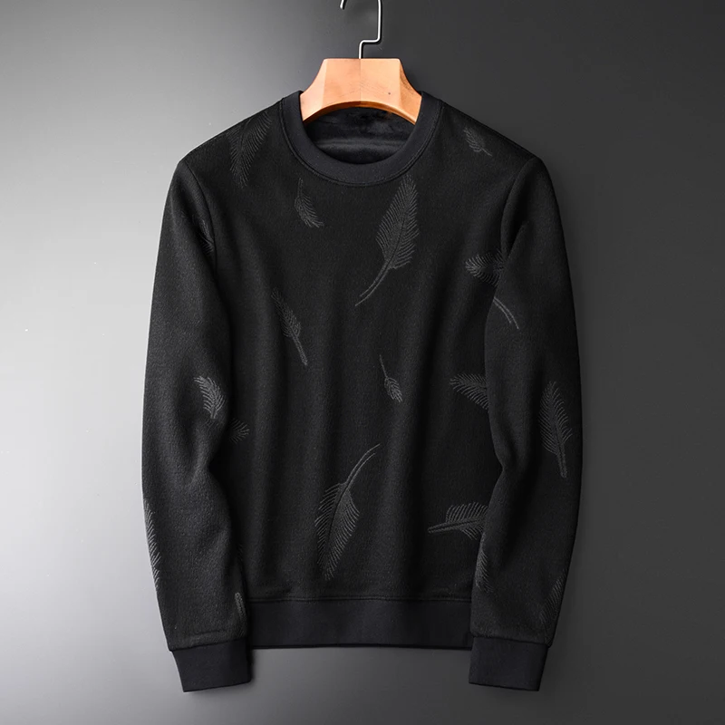 Autumn And Winter Plus Velvet Thickening Black Sweatshirt Fashion Trend Color Weaving Sweatshirts For Men